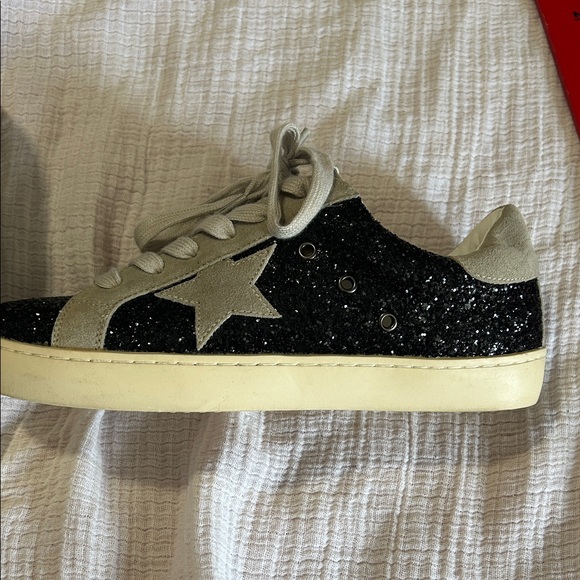 Women's Black Glitter Athletic Sneakers with Cream Accents Golden Goose Dupes - Picture 4 of 6